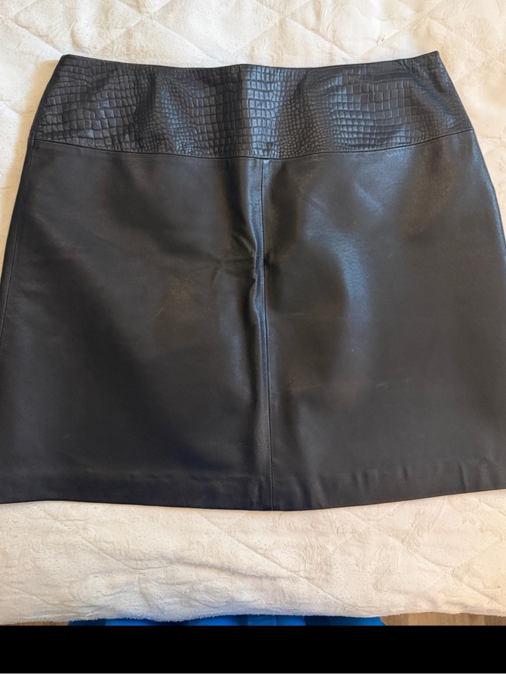 Black Apostrophe Genuine Leather A-Line Skirt with Textured Waistband